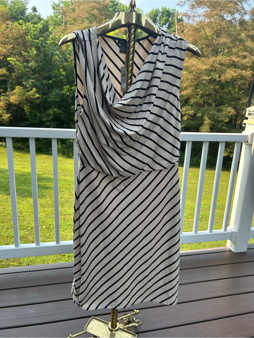 Sleeveless Black & White Striped Drape Neck Dress - Ann Taylor